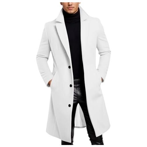 Zanisouta cappotto di lana da uomo per lavoro, cappotto invernale lungo, in lana, giacca invernale con risvolto, elegante cappotto da uomo, trench, tinta unita, giacca invernale, o bianco. , l