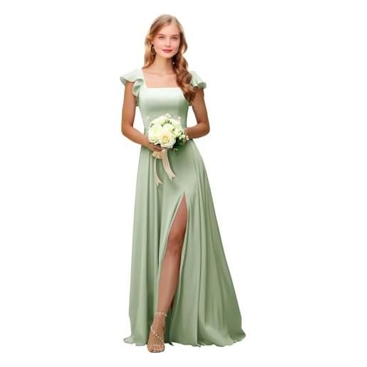 Generic abiti da damigella d'onore in raso con volant maniche corte collo quadrato abito da sposa lungo ospite una linea formale abito da sera con fessura, verde salvia, 38