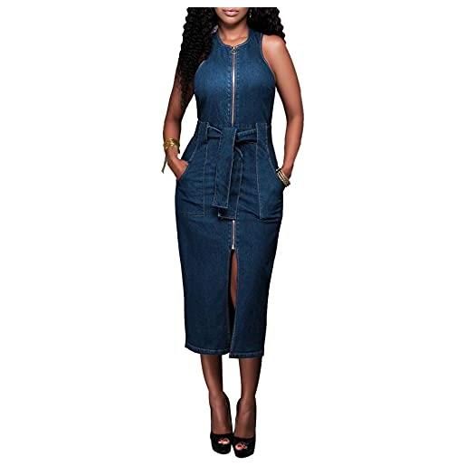 SOMTHRON abito da donna in jeans con cintura, estivo, senza maniche, ufficio, elegante, sexy, denim, chiusura lampo, materiale elasticizzato, gonna a matita