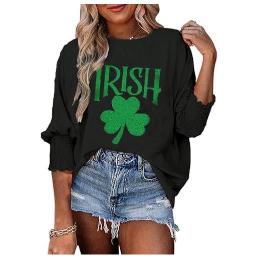 Roshop top da donna con stampa a maniche a pipistrello e punto smock, trifoglio verde glitter a, xl