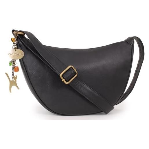 Catwalk Collection Handbags - borsa mezzaluna in vera pelle - borsa a tracolla media da donna - borsetta a mano - tracolla regolabile - luna - nero