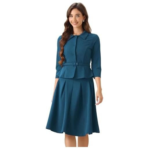 Allegra K donna set di completi gonna lavoro completi da in 2 pezzi giacca blazer a maniche lunghe da ufficio gonne a pieghe lago blu xl