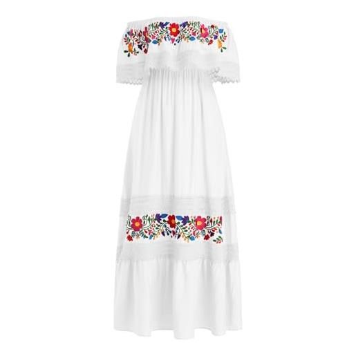 Odizli abito da donna lungo estivo spento a spalla messicano boho floreale ricamo pizzo a linee a maxi, bianco, m