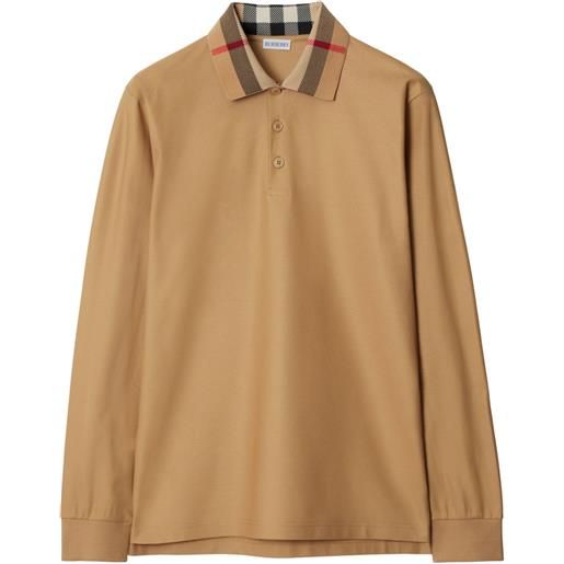 Burberry polo a maniche lunghe in cotone con colletto check - toni neutri