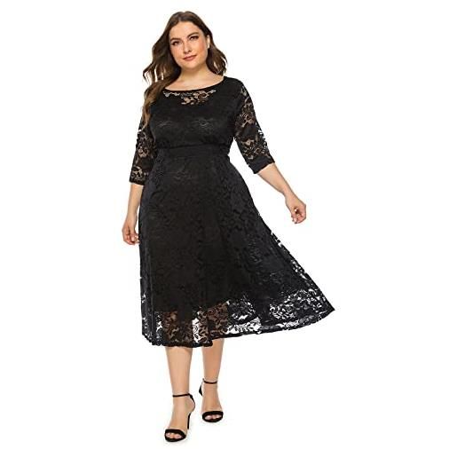 Odizli abito da donna, elegante, con maniche a 3/4, in pizzo, per matrimoni, feste, da sera, taglie forti, nero , 5xl