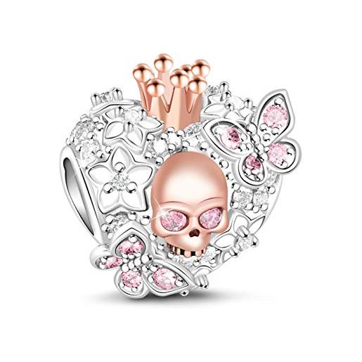 GNOCE charm teschio a forma di cuore bellezza della morte bead charm donna argento sterling 925 con cristalli in zirconia cubic perline ciondolo per i braccialetti e collane