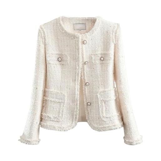 JYHBHMZG giacca corta da donna elegante e stilosa in tweed blu con frange versatili per primavera e autunno, bianco, m