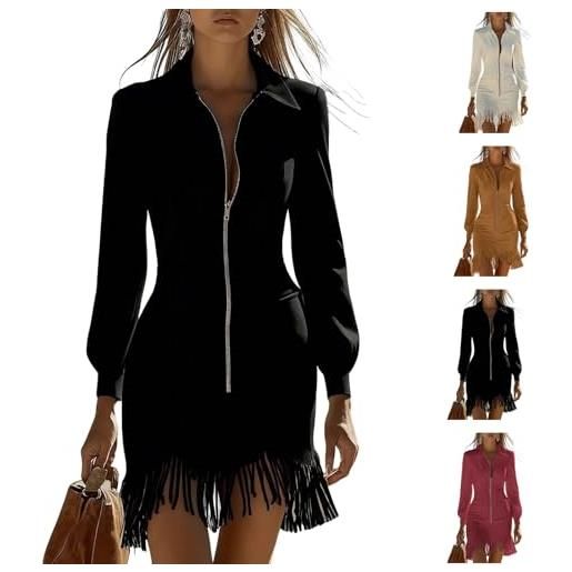 Generic abito da donna in pelle scamosciata, vintage, alla moda, aderente, con frange, mini abito con scollo a v, maniche lunghe, con cerniera, stile western, con tasche, nero , s