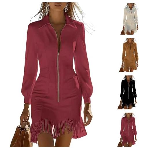 Generic abito da donna in pelle scamosciata, vintage, alla moda, aderente, con frange, mini abito con scollo a v, maniche lunghe, con cerniera, stile western, con tasche, rosso, s