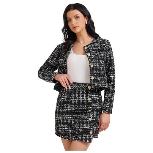 Allegra K completo da donna composto da 2 pezzi con gonna, blazer in tweed scozzese, giacca con bottoni e maniche lunghe, minigonna. Nero l
