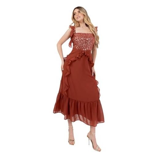 Maya Deluxe women's midaxi dress ladies sleeveless square neck cami sequin embellished ruffle a-line tiered hem prom ball gown, rust, 44