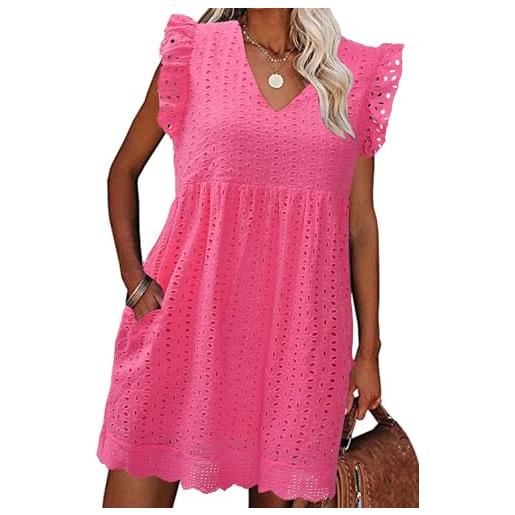heekpek abito estivo donna cotone scollo a v vestito corto donna senza maniche con volant comodo e leggero abiti jacquard casual abito mare da spiaggia con tasche, rosa chiaro, m