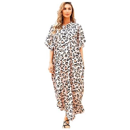 OKSakady Abito Lungo Estivo Kaftano Donna – Tunica A Maniche 3/4 Con Stampa Floreale, Morbido In Cotone Artificiale – Maxi Abito Da Spiaggia E Tempo Libero, Taglia Unica