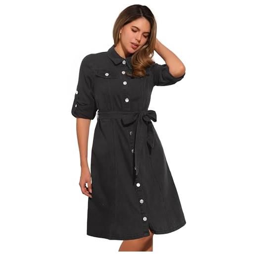 Allegra K abito camicia in denim da donna abbottonato manica lunga con cintura classico abito in jeans blu s