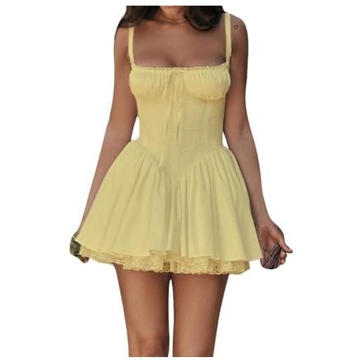 XIAOKS vestito estivo corto da donna con corsetto, mini abito senza maniche, senza schienale, scollato, con volant e corsetto, in pizzo(cream yellow, l)