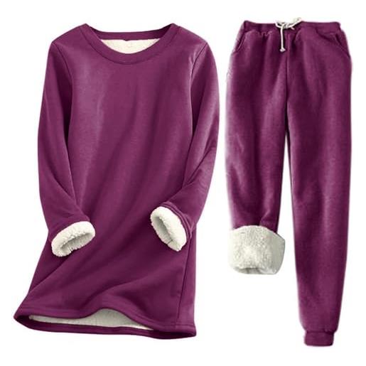 Generisch pigiama da donna lungo e spesso, in pile, 2 pezzi, a maniche corte, girocollo, top e pantaloni elasticizzati, leggeri, casual, slim fit, biancheria da notte, o vino, xl