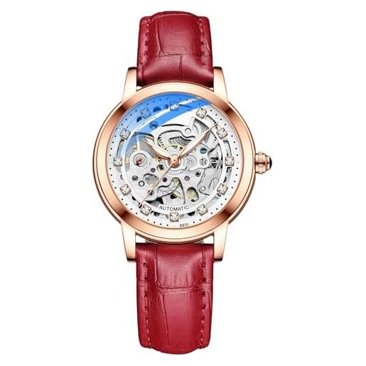 RORIOS Orologio Donna Meccanico Automatico, Cinturino Acciaio, Quadrante Con Diamanti, Impermeabile, Bianco E Rosso