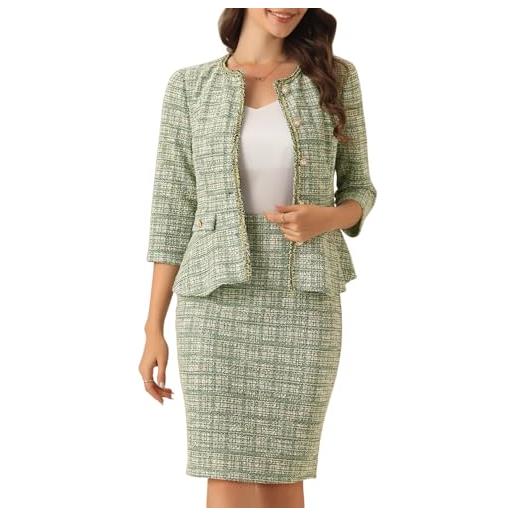 Allegra K completo da donna in tweed tailleur gonna 2 pezzi giacca cardigan con maniche a 3/4 e bottoni gonna a tubino elegante verde xl