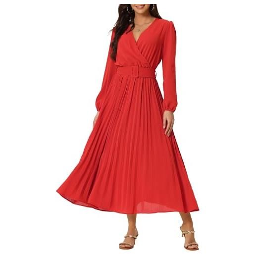 Seta T abito longuette a pieghe a pieghe con volant e scollo a v con maniche lunghe a sbuffo primavera autunno da donna con cintura rosso xl