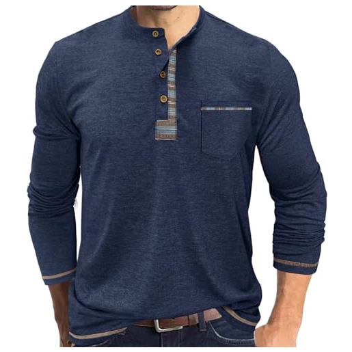 YawYews maglietta uomo manica lunga henley t shirt maglia con tasca bottoni casual estive polo tshirt verde xl