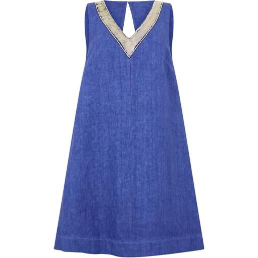120% Lino abito svasato con decorazione - blu