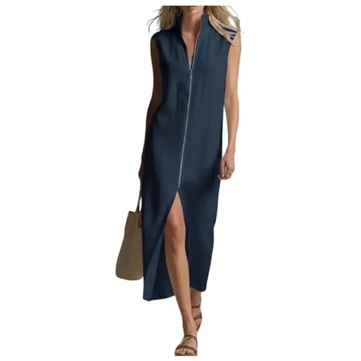 TOFOTL vestito casual donna elegante lungo con spacco senza maniche abito estivo in cotone e lino cerimonia zip maxi marina m
