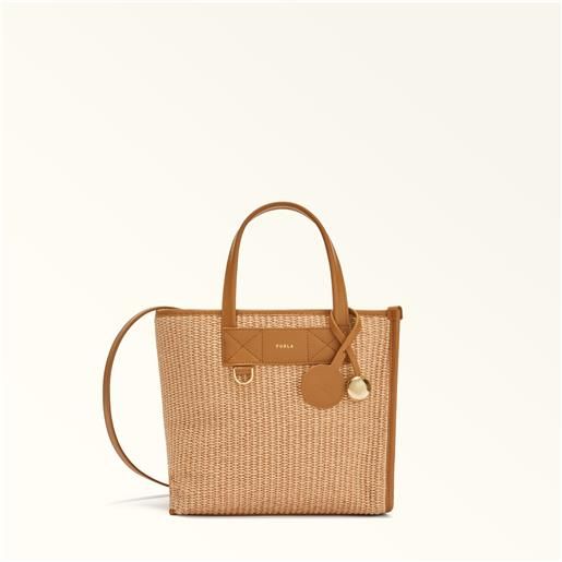 Furla divide it borsa shopping s toni naturale marrone intreccio toscana colorblock + pelle di vitello morbida donna
