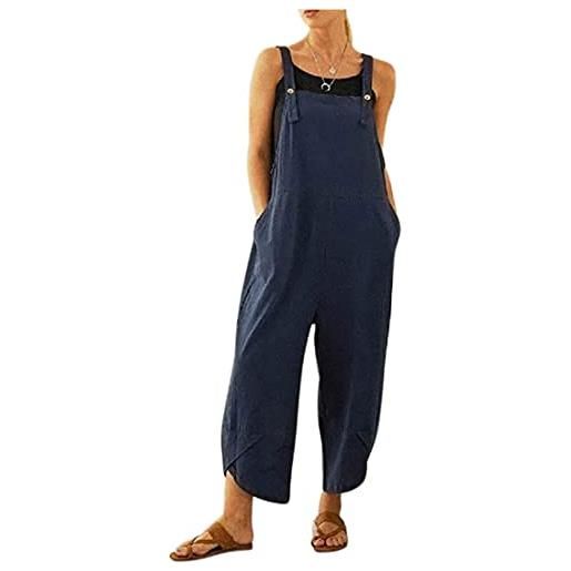 BRONG tuta da donna, casual, salopette larghe, in morbido cotone, lino, tuta, tuta da gioco, spalline regolabili con tasche, blu, 5xl