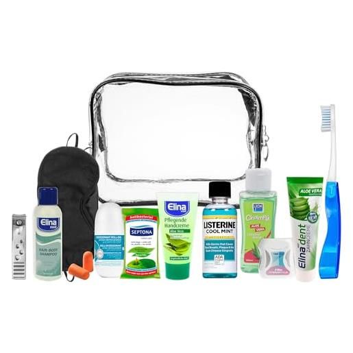 STOP TO SHOP! kit essenziale da viaggio (kit da viaggio), adatto per bagagli a mano in aereo, vacanze e viaggi d'affari. Include prodotti aggiuntivi per la cura personale in una pratica borsa da toilette per uomo e