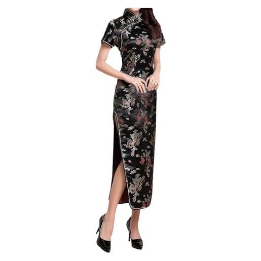 Generico abito tradizionale cinese qipao donna lungo con ricami eleganti e maniche corte per cerimonie eventi speciali in stile orientale autentico (black, xxxxxxl)