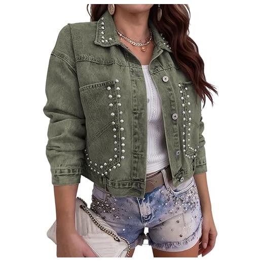Generic cappotti western da donna giacca in denim corta da donna con borchie manica lunga stile western rivetto invecchiato verde militare xs