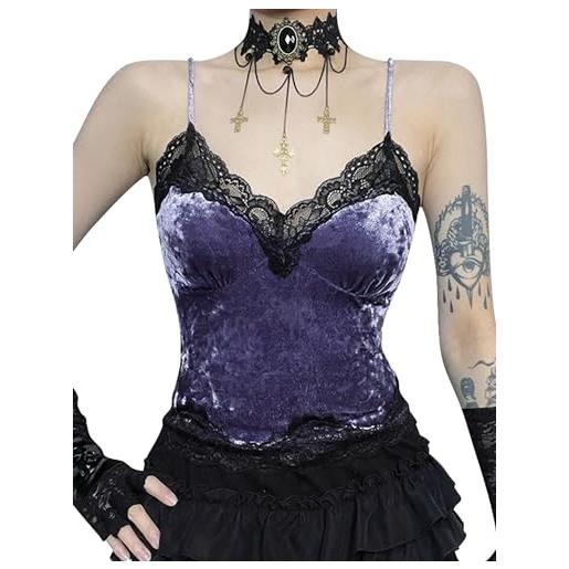 SEAUR crop top da donna y2k gothic spitze tank top spaghetti pancia top cami/neckholder v streetwear club party emo grunge outfit, velluto elettronico viola, l