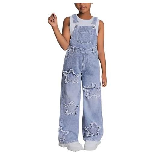 Generic salopette in jeans da ragazza senza maniche a gamba larga in denim tute per bambini retrò cinturino regolabile jeans larghi con tasche salopette casual leggere, blu, 13-14 anni