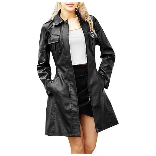 Generisch giacca in pelle da donna, lunga, elegante, con colletto a risvolto, in finta pelle, per primavera, autunno, mezza stagione, a maniche lunghe, leggera, in pelle pu, giacca a vento, nero , l
