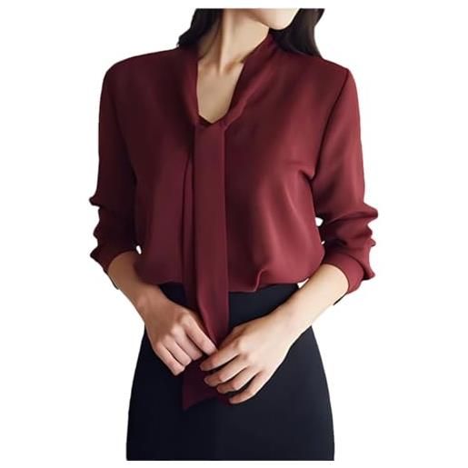 Generic camicetta da donna, a maniche lunghe, con fiocco, in chiffon, collo alto, camicie formali, rosso vinaccia, s