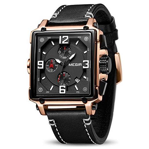 Megir Orologio Uomo Militare Al Quarzo - Cassa Oro Rosa E Cinturino In Silicone Nero - Cronografo 3 Quadranti