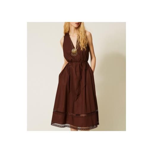 Twinset per donna. 261tt2250 abito lungo in popeline con ricami marroni [3309643], marrone, casual, cotone, senza maniche / cinghie