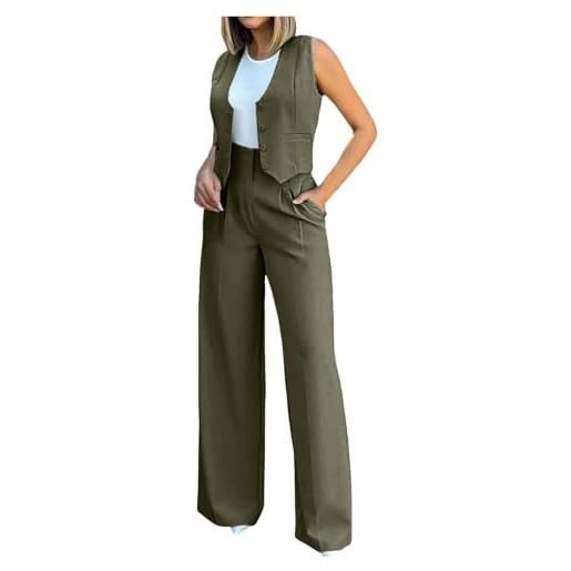 Generico tailleur donna eleganti 2 pezzi gilet giacca senza maniche e pantaloni in vita alta completo estate in tinta unita pantalone due pezzi suit cerimonia coordinato set per donne (z1-army green, l)