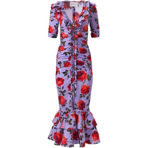 Carolina Herrera abito midi con stampa e ruches - viola