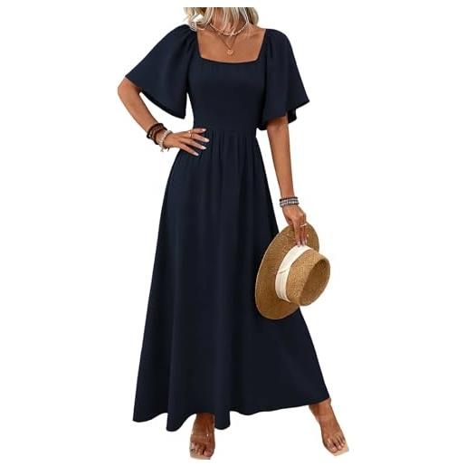 LIAMERHE maniche corte abito lungo donna estivo elegante scollo quadrato maniche a volant vestito maxi a-line vestiti vita alta boho chic abiti casual per mare cerimonia party bordeaux xxl
