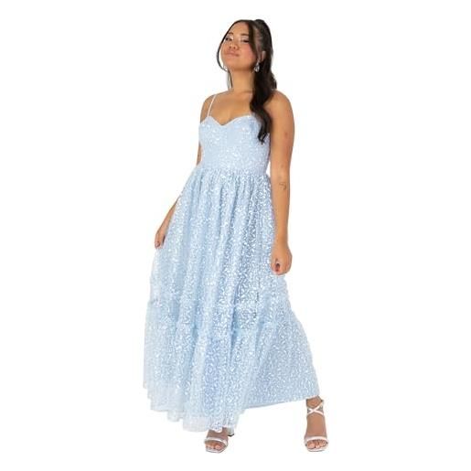 Maya Deluxe women's ladies midi dress sleeveless v-neck cami sequin embellished embroidered ruffles for wedding guest prom ball gown vestito, blue, 44 donna