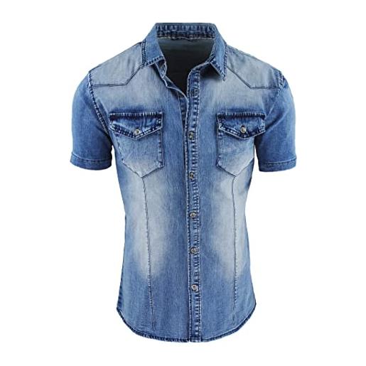 Evoga camicia jeans uomo casual a manica corta slim fit denim shirt (l, denim blu)