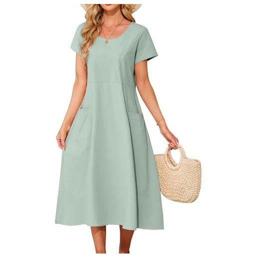 PASUDA vestito donna estivo vestiti lungo cotone abito manica corta scollo rotondo elegante vestito da mare spiaggia boho casual abiti lunghi con tasche (verde, xl)