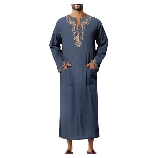 YANKIA Uomo Musulmano Manica Lunga A Righe Toga Arabo Preghiera Camicia Kaftano Vestaglia Dubai Abiti Abito Islamico Abbigliamento Abbigliamento da Salotto (Color : Blue, Size : S