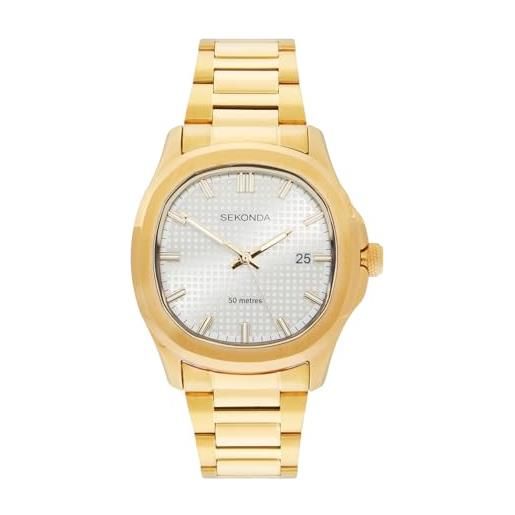 Sekonda Armstong Classic - Orologio al quarzo da uomo, 40 mm, con display analogico giorno/data e cinturino in pelle marrone, Oro, Armstrong