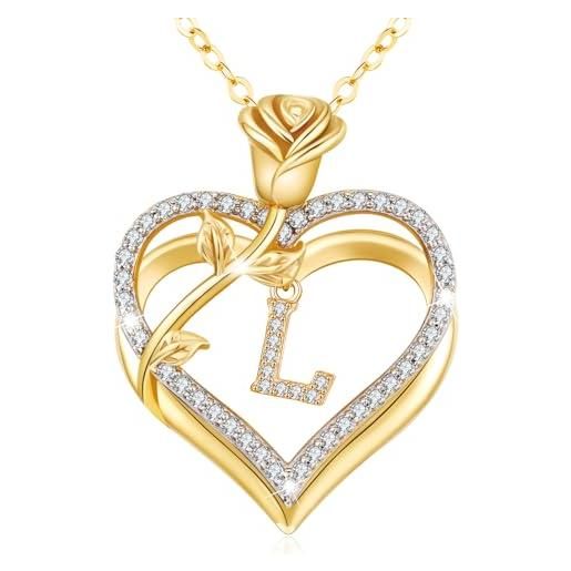 Collana Donna Con Rosa Eterna E Cuore In Argento, Regalo Romantico Per Natale, San Valentino, Compleanno