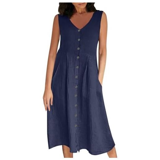 TOFOTL vestiti donna midi in cotone e lino abito estivo taglie forti con tasche scollo a v completo cerimonia estivi senza maniche bottoni vestito casual marina xl