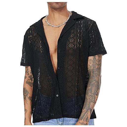 Erzto Camicia da uomo a maniche corte in lino, Guayabera hawaiana, con