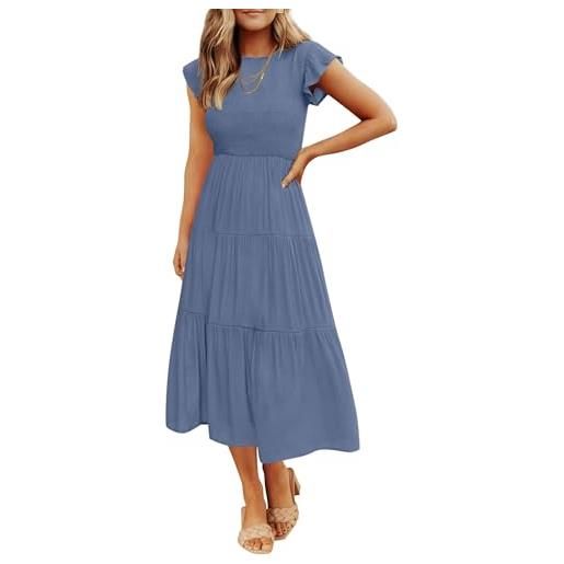 ZESICA, abito longuette estivo da donna, casual, a maniche corte, girocollo, a grembiule, con elastico in vita, blu polvere, l