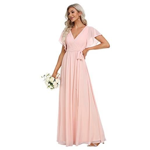 Ever-Pretty maxi scollo a v increspato busto chiffon abito da sera formale con maniche 0164a rosa 46